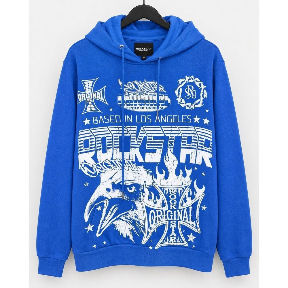 Rockstar Original Mens Blue Graphic Pullover Hoodie XL Eagle Los Angeles Street